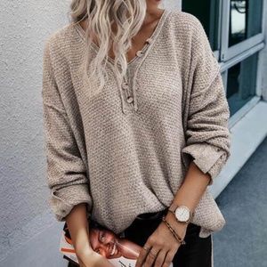 Khaki Textured Drop Shoulder Button Neckline Roll Tab Sleeve Knit Sweater